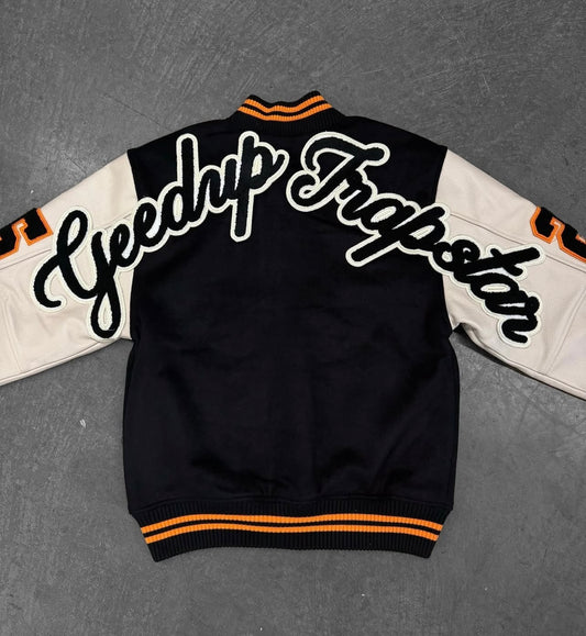 Geedup x Trapstar Inspired Letterman Jacket – Black/Cream/Orange | Streetwear NZ