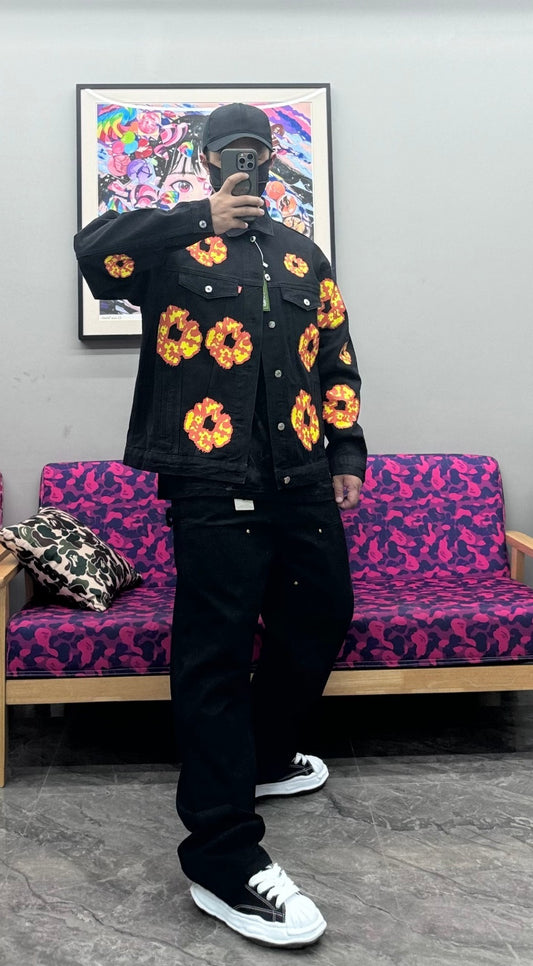 Inspired by - DENIM TEARS Washed Flame Denim Jacket, Kapok Flower Denim Jacket Black