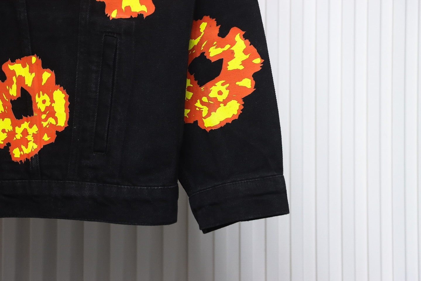 Inspired by - DENIM TEARS Washed Flame Denim Jacket, Kapok Flower Denim Jacket Black
