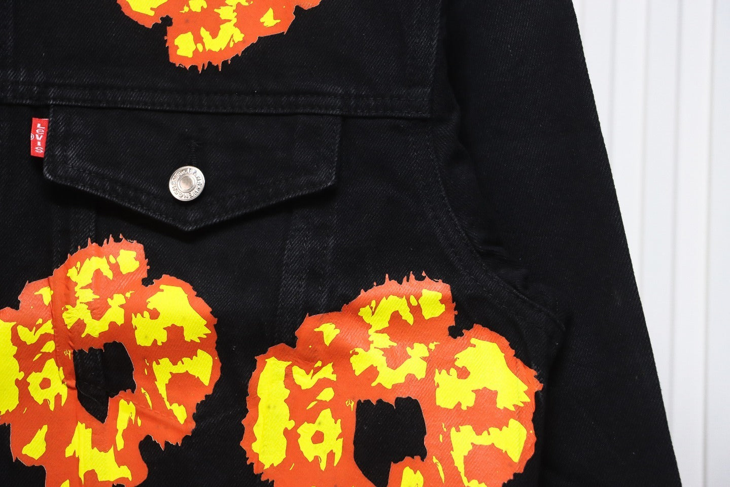 Inspired by - DENIM TEARS Washed Flame Denim Jacket, Kapok Flower Denim Jacket Black