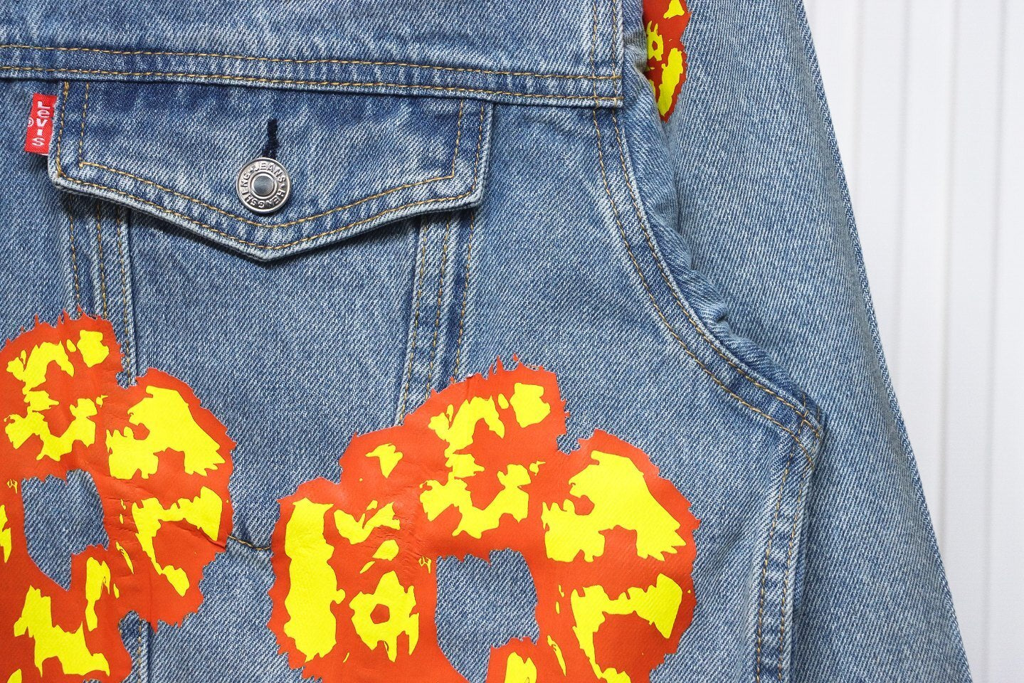 Inspired by - DENIM TEARS Washed Flame Denim Jacket, Kapok Flower Denim Jacket