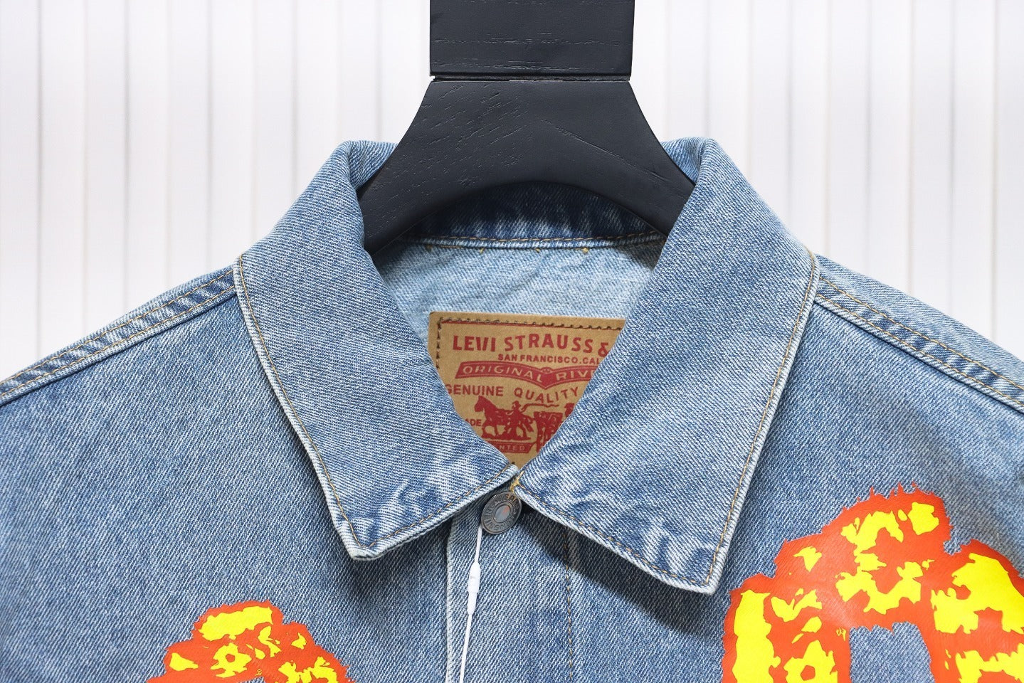 Inspired by - DENIM TEARS Washed Flame Denim Jacket, Kapok Flower Denim Jacket