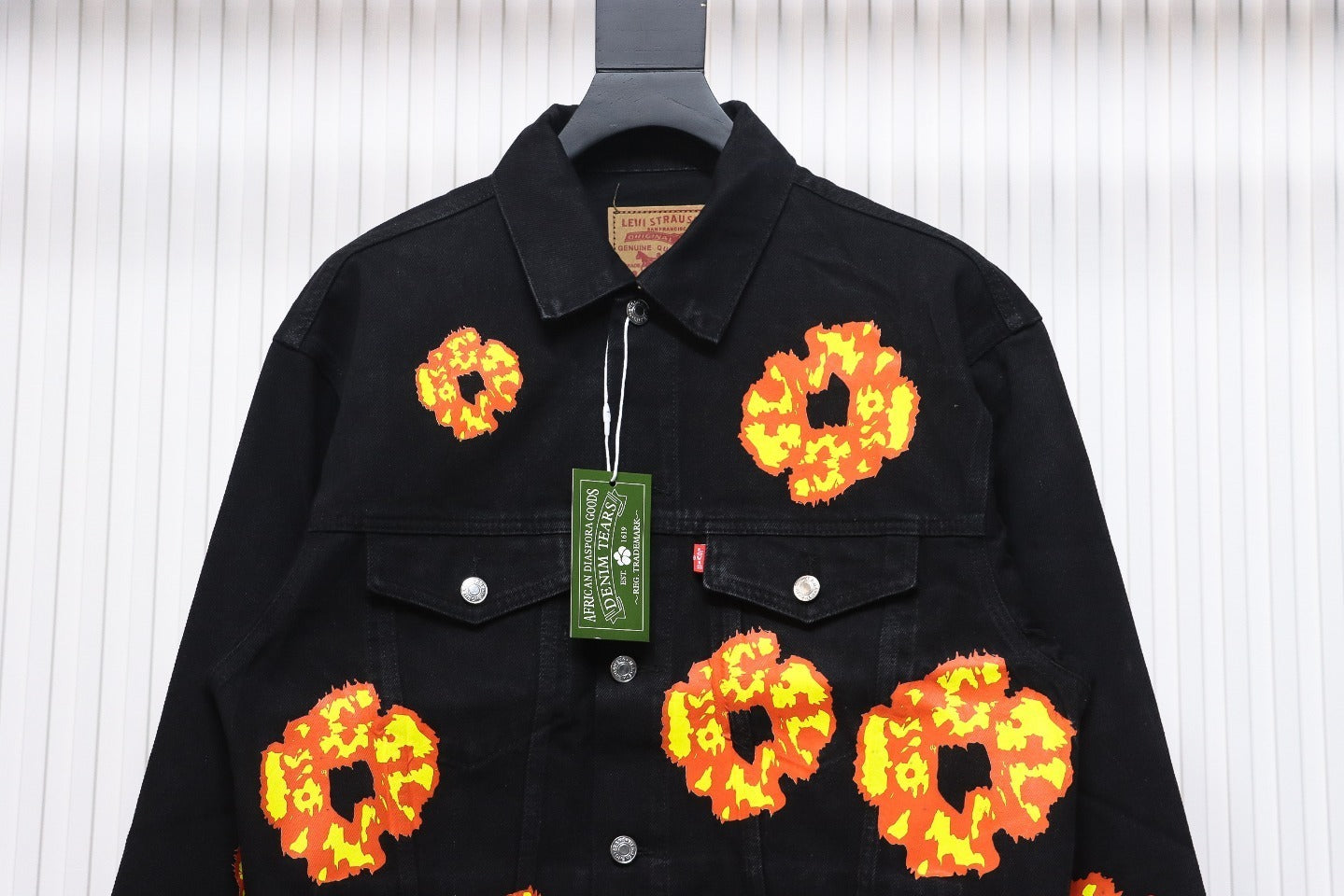 Inspired by - DENIM TEARS Washed Flame Denim Jacket, Kapok Flower Denim Jacket Black
