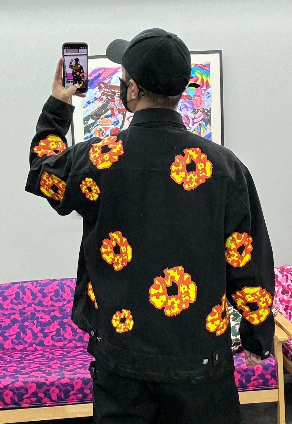 Inspired by - DENIM TEARS Washed Flame Denim Jacket, Kapok Flower Denim Jacket Black