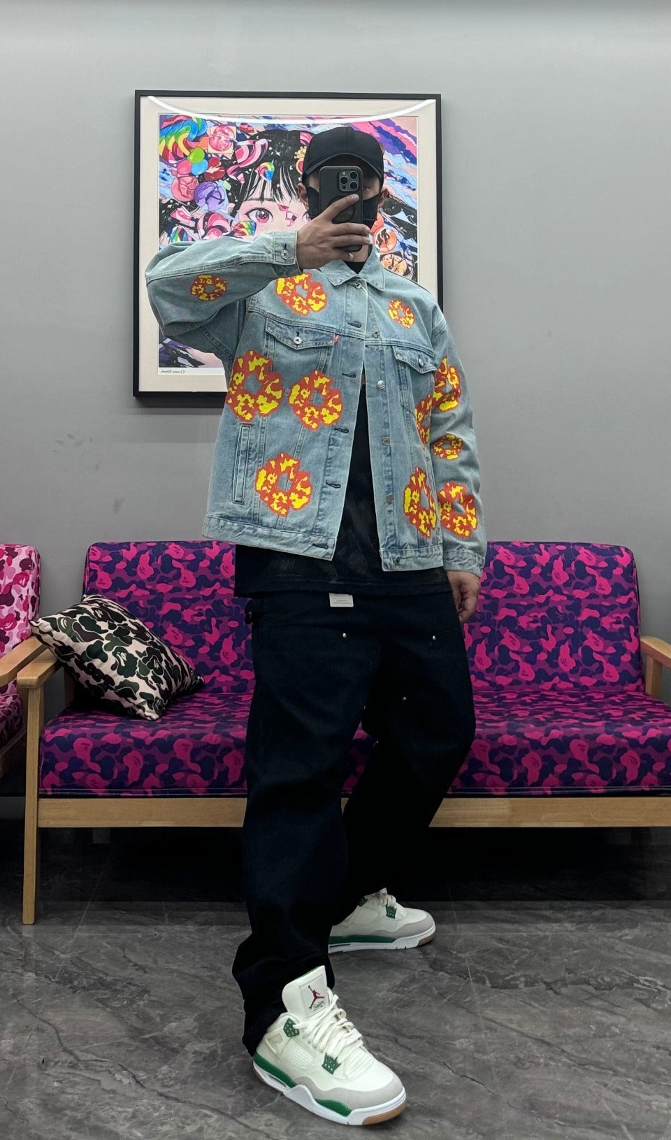 Inspired by - DENIM TEARS Washed Flame Denim Jacket, Kapok Flower Denim Jacket