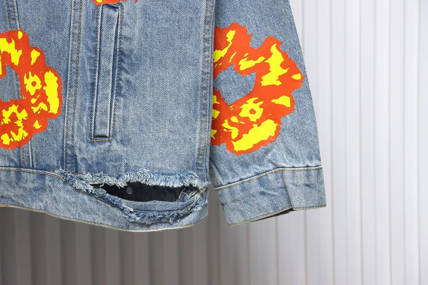 Inspired by - DENIM TEARS Washed Flame Denim Jacket, Kapok Flower Denim Jacket