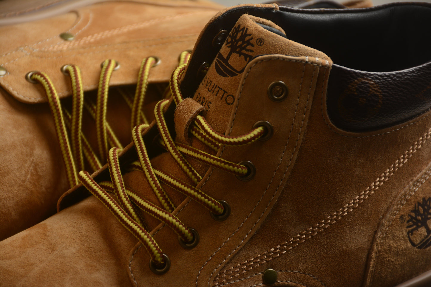 Yellow LV-style Timberland-Inspired boots.