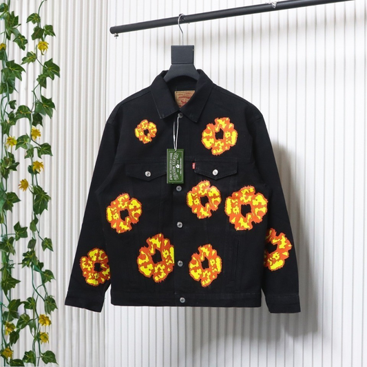 Inspired by - DENIM TEARS Washed Flame Denim Jacket, Kapok Flower Denim Jacket Black